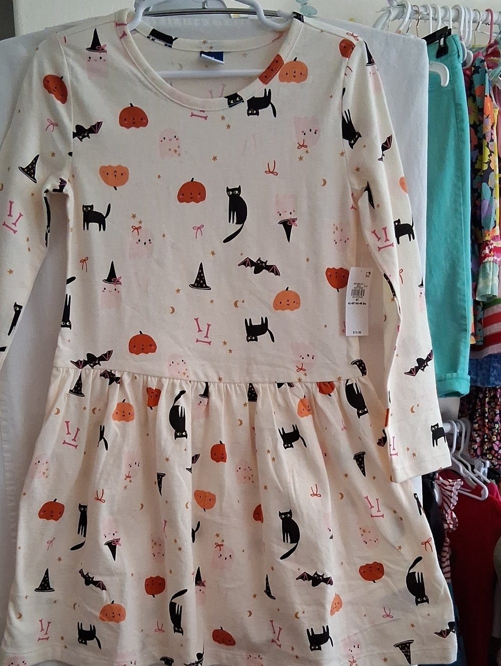 Kids Halloween Print Long-Sleeve Dress - Cream with Orange & Black